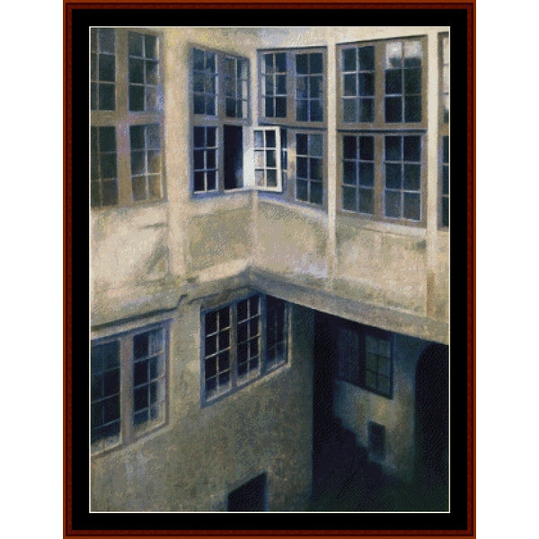 Counted Cross Stitch Pattern by Cross Stitch Collectibles of a courtyard with multiple windows