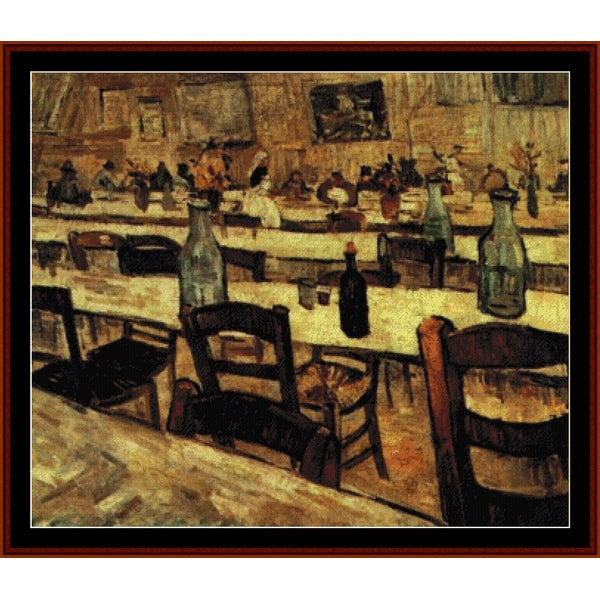 Counted Cross Stitch Pattern by Cross Stitch Collectibles of a bar interior with patrons, tables, and bottles.