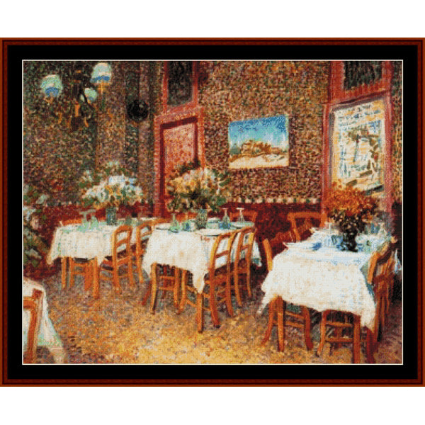 Counted Cross Stitch Pattern by Cross Stitch Collectibles - Dining room with tables and chairs, decorated with flowers and artwork on the walls.