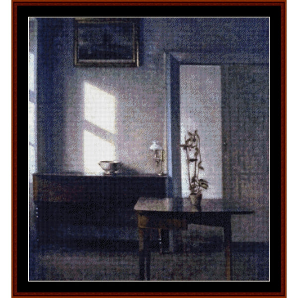 Counted Cross Stitch Pattern by Cross Stitch Collectibles - Room interior with a table, lamp, and decorative items on a textured background