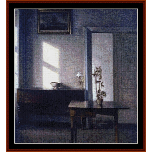Counted Cross Stitch Pattern by Cross Stitch Collectibles - Room interior with a table, lamp, and decorative items on a textured background