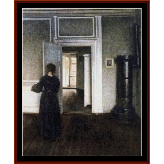 Counted Cross Stitch Pattern by Cross Stitch Collectibles - Woman in a dark dress standing in a room with an open door
