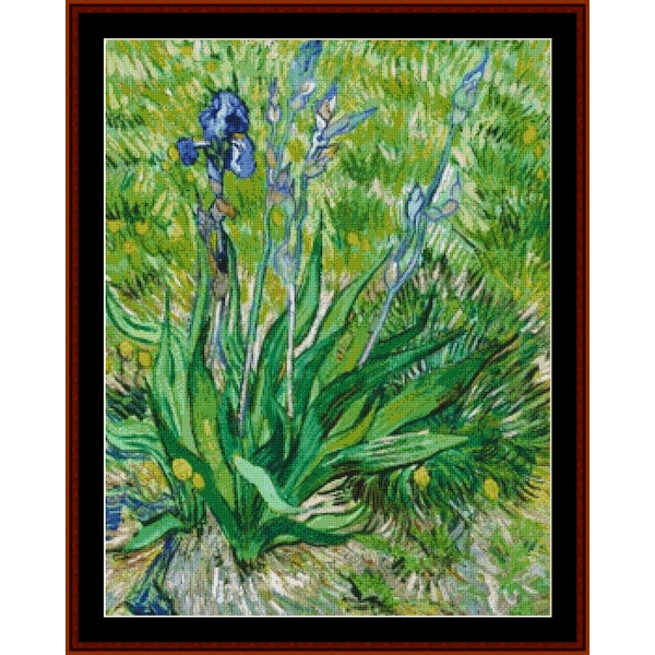 Counted Cross Stitch Pattern by Cross Stitch Collectibles of Van Gogh's 'Irises' with a brown frame.