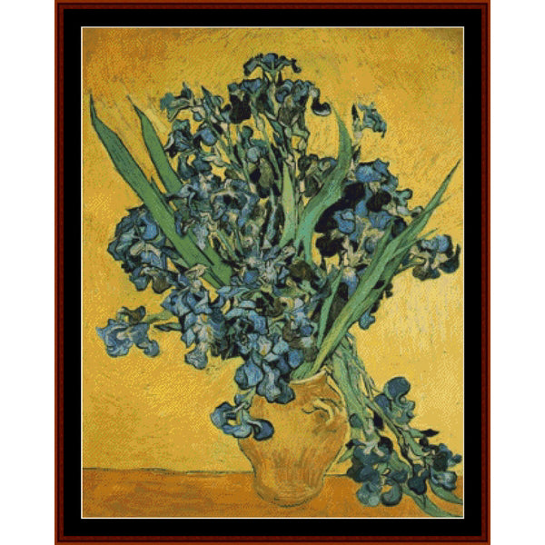 Counted Cross Stitch Pattern by Cross Stitch Collectibles of a bouquet of blue flowers in a vase on a yellow background