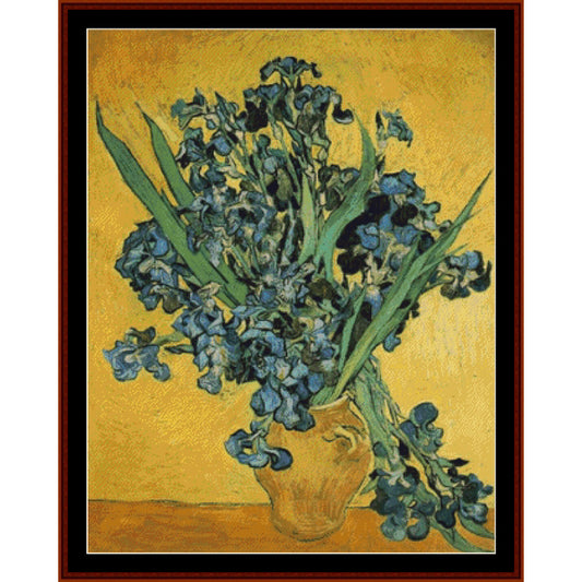 Counted Cross Stitch Pattern by Cross Stitch Collectibles of a bouquet of blue flowers in a vase on a yellow background
