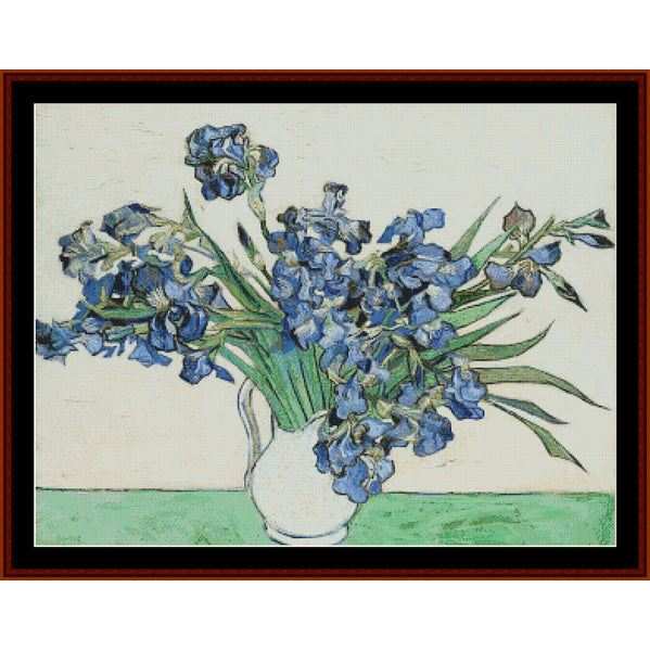 Counted Cross Stitch Pattern by Cross Stitch Collectibles of a bouquet of blue flowers in a white vase on a light background