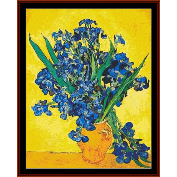 Counted Cross Stitch Pattern by Cross Stitch Collectibles of a bouquet of blue flowers on a yellow background