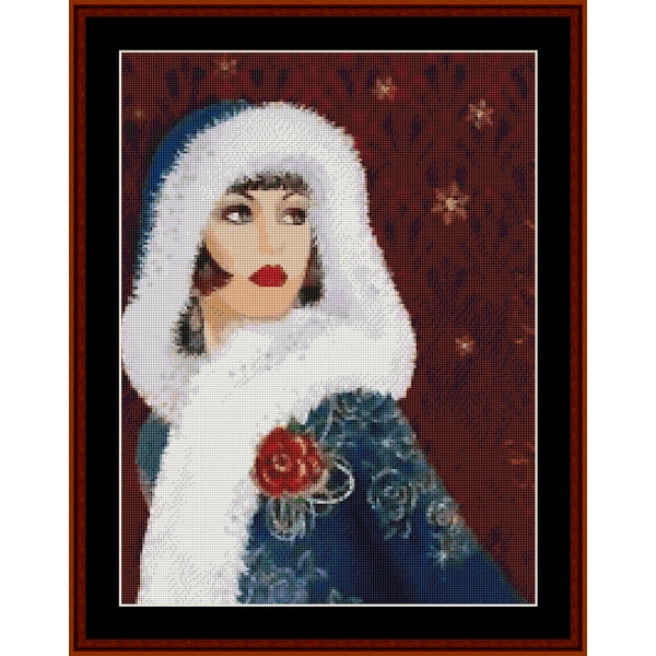 Counted Cross Stitch Pattern by Cross Stitch Collectibles of a woman in a blue dress with a white hood and red rose, framed in brown.