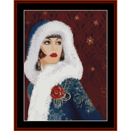 Counted Cross Stitch Pattern by Cross Stitch Collectibles of a woman in a blue dress with a white hood and red rose, framed in brown.