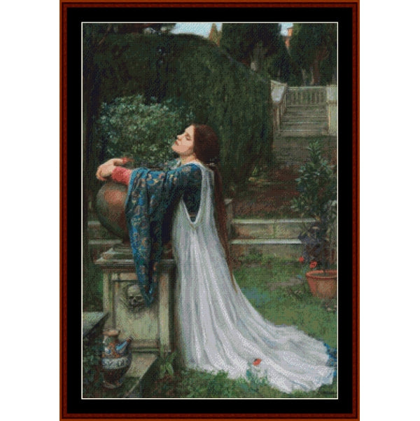 Counted Cross Stitch Pattern by Cross Stitch Collectibles - Woman in a garden with a white dress and blue jacket