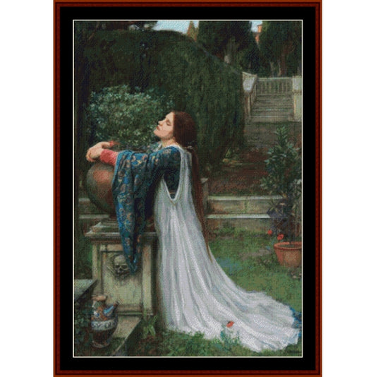 Counted Cross Stitch Pattern by Cross Stitch Collectibles - Woman in a garden with a white dress and blue jacket