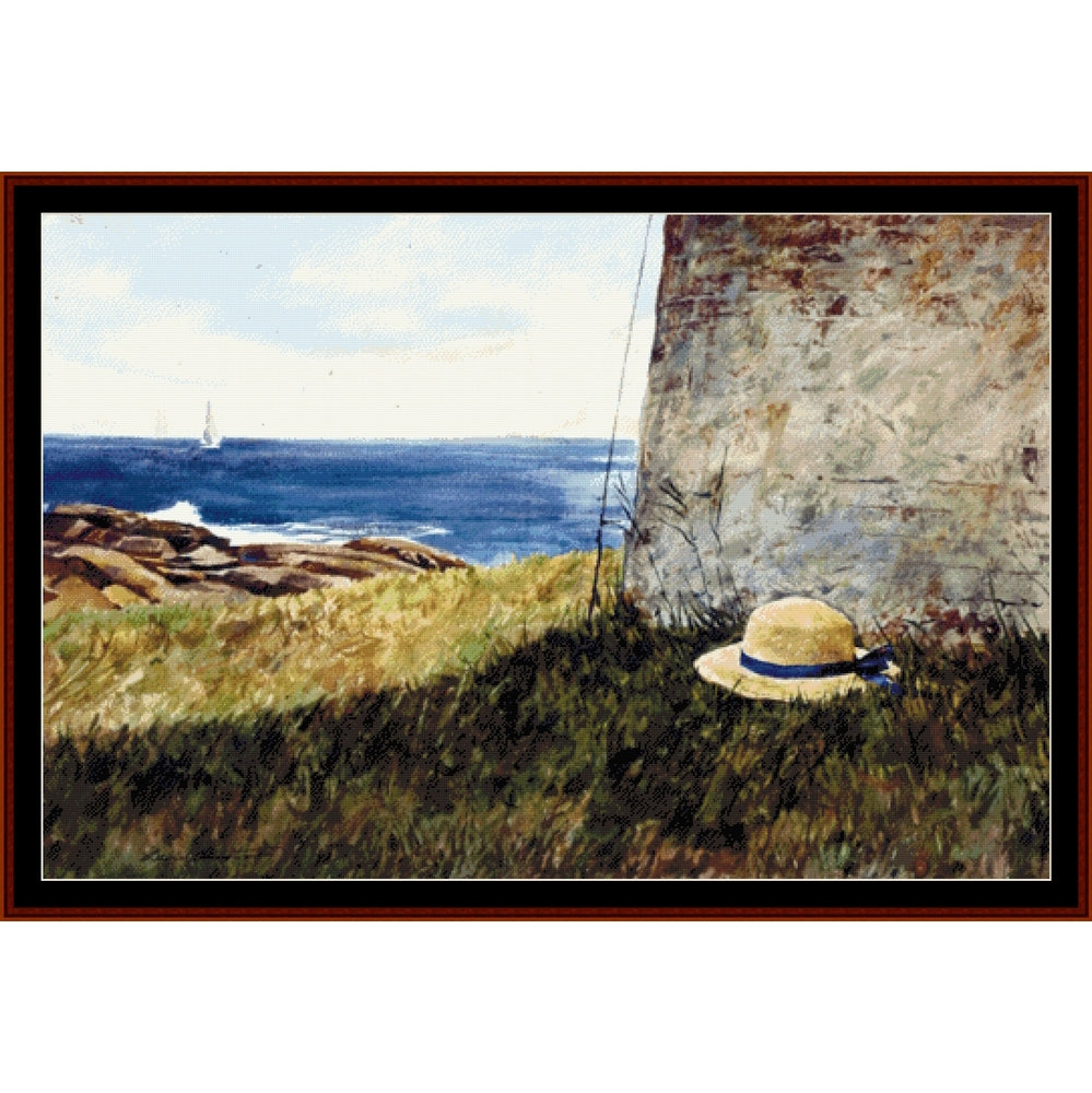 Counted Cross Stitch Pattern by Cross Stitch Collectibles of a coastal scene with a hat on grass near a cliff and ocean.