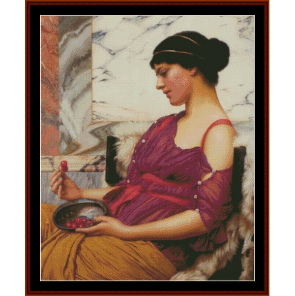 Counted Cross Stitch Pattern by Cross Stitch Collectibles - Woman in a purple dress holding a bowl of fruit in a marble room
