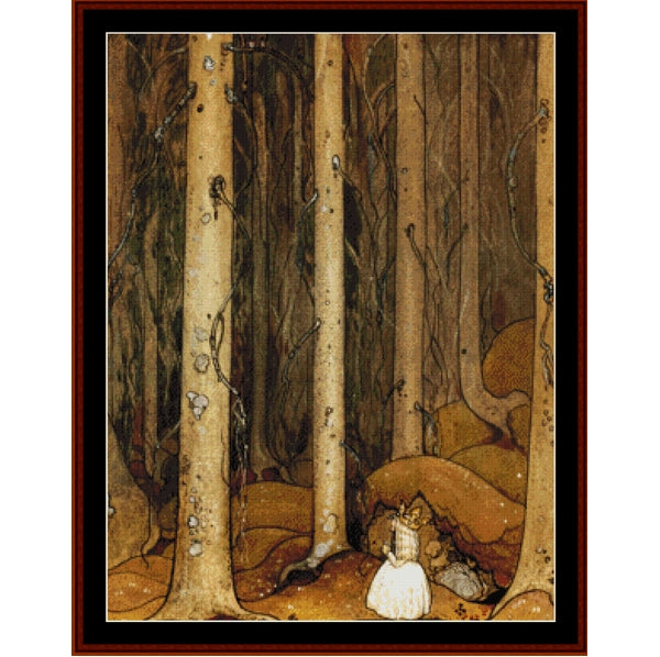 Counted Cross Stitch Pattern by Cross Stitch Collectibles of a forest scene with a figure sitting among trees