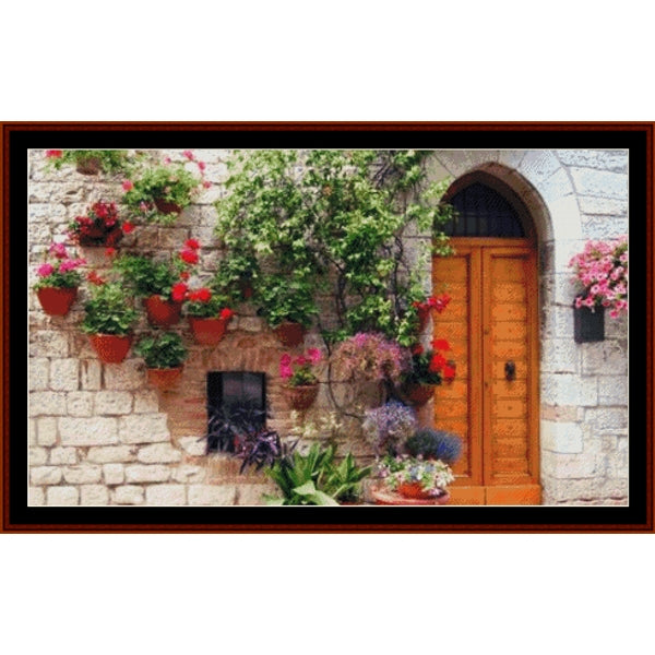 Counted Cross Stitch Pattern by Cross Stitch Collectibles - Stone building with wooden door and flower pots