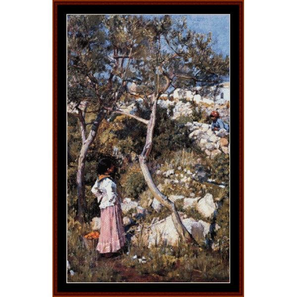 Counted Cross Stitch Pattern by Cross Stitch Collectibles of a woman in a field with sheep and trees
