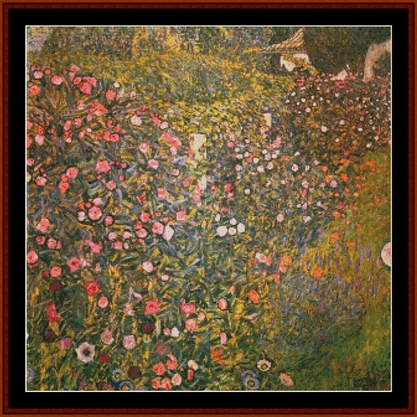 Counted Cross Stitch Pattern by Cross Stitch Collectibles of a garden with flowers and a path, styled like a tapestry.