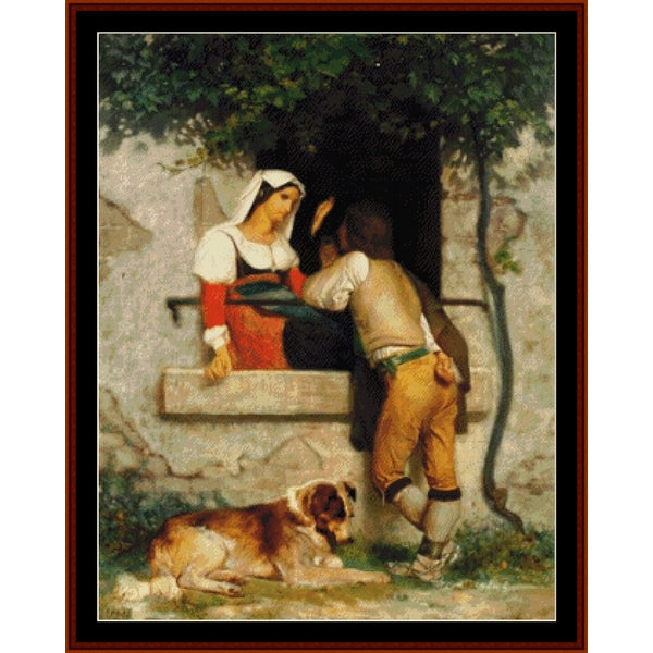 Counted Cross Stitch Pattern by Cross Stitch Collectibles of a couple sitting by a stone wall with a dog in a garden setting.