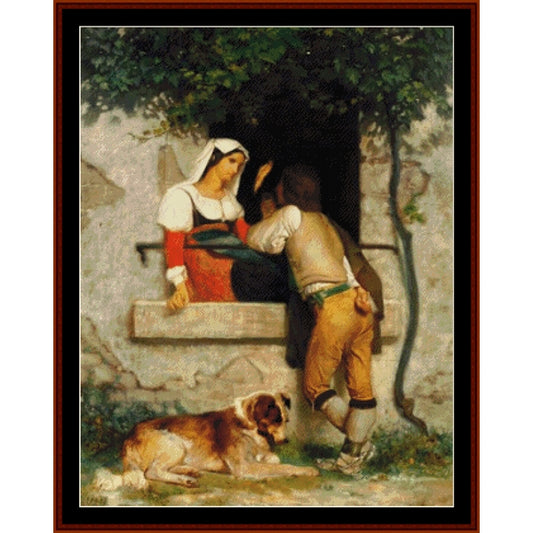 Counted Cross Stitch Pattern by Cross Stitch Collectibles of a couple sitting by a stone wall with a dog in a garden setting.