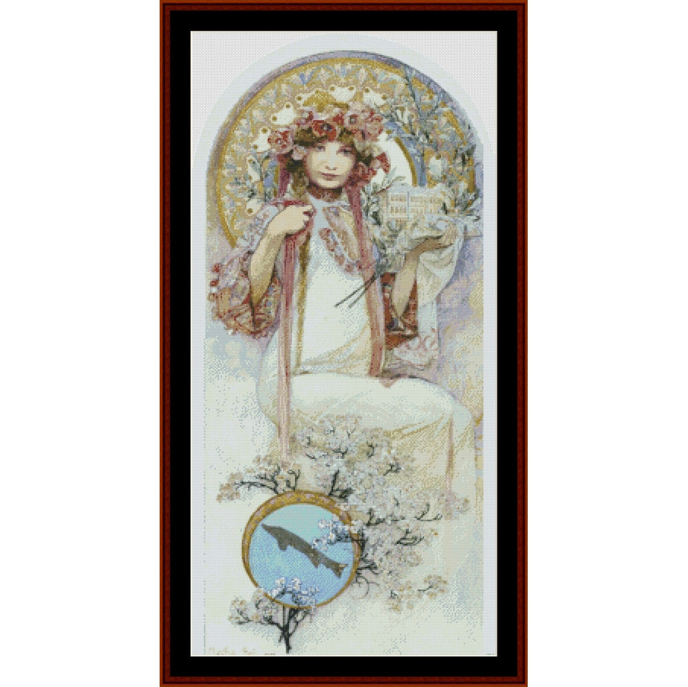Counted Cross Stitch Pattern by Cross Stitch Collectibles of a woman with floral crown holding a book, surrounded by nature elements.