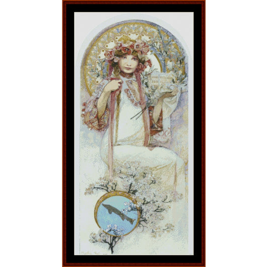 Counted Cross Stitch Pattern by Cross Stitch Collectibles of a woman with floral crown holding a book, surrounded by nature elements.