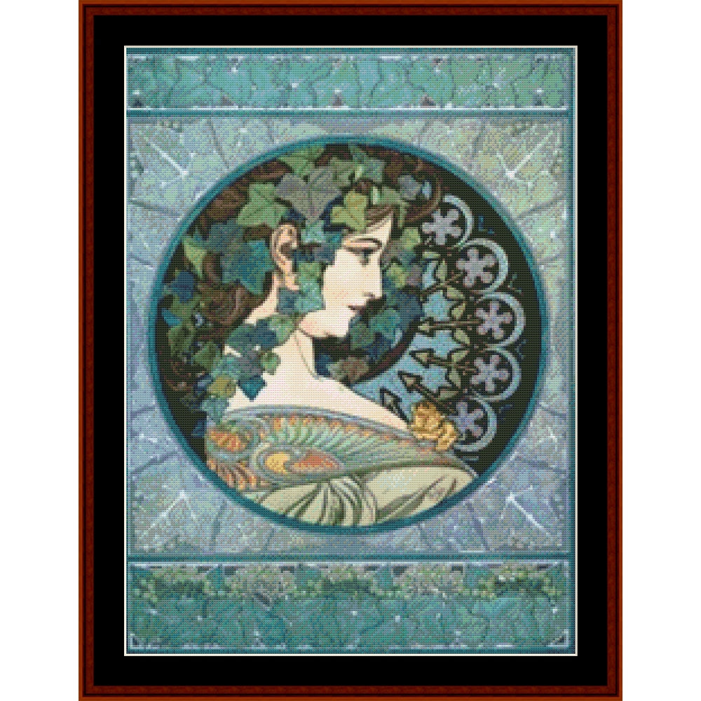 Counted Cross Stitch Pattern by Cross Stitch Collectibles with a stylized portrait of a woman surrounded by nature elements on a blue background.