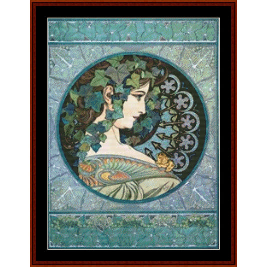 Counted Cross Stitch Pattern by Cross Stitch Collectibles with a stylized portrait of a woman surrounded by nature elements on a blue background.