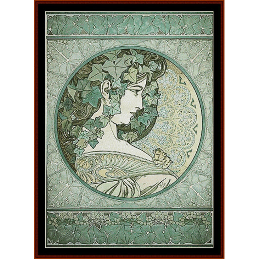 Counted Cross Stitch Pattern by Cross Stitch Collectibles with a woman's portrait surrounded by green leaves and floral patterns.