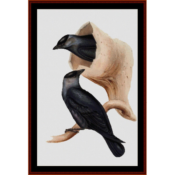 Counted Cross Stitch Pattern by Cross Stitch Collectibles of two black birds perched on a branch, framed in brown.