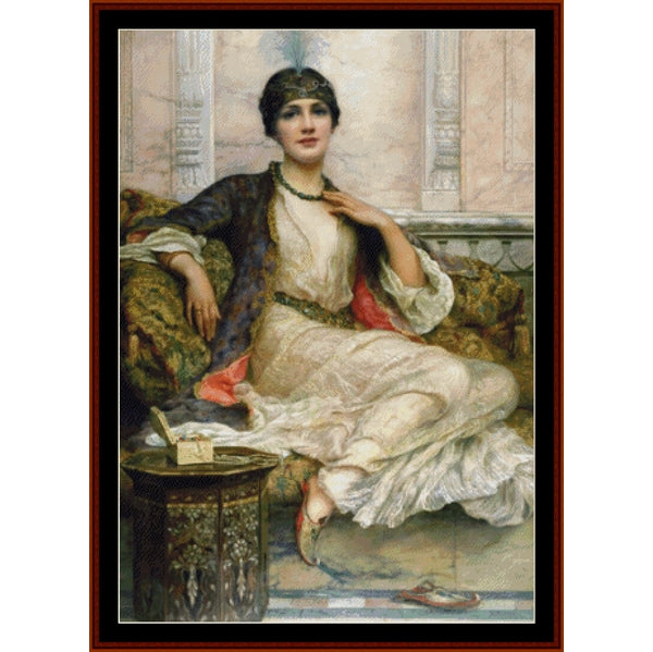 Vintage-style Counted Cross Stitch Pattern by Cross Stitch Collectibles of a woman in an elegant dress sitting on a couch.
