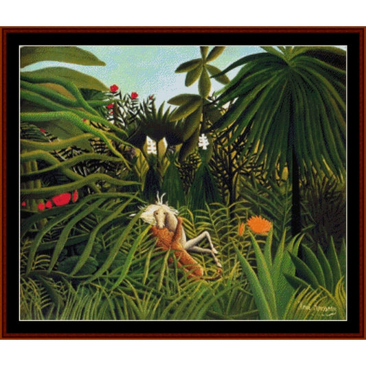 Counted Cross Stitch Pattern by Cross Stitch Collectibles of a stylized jungle scene with a jaguar lying on the ground.
