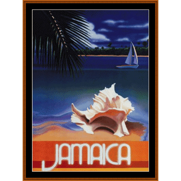 Counted Cross Stitch Pattern by Cross Stitch Collectibles - Jamaica travel poster with a conch shell, sailboat, and palm tree.