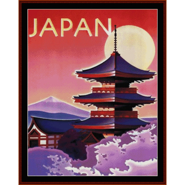 Counted Cross Stitch Pattern by Cross Stitch Collectibles - Vintage-style travel poster for Japan featuring a pagoda and Mount Fuji.