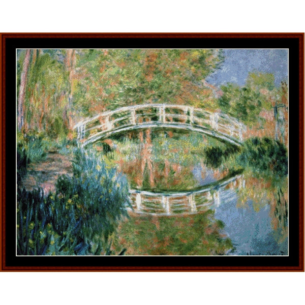 Counted Cross Stitch Pattern by Cross Stitch Collectibles of a bridge over water with trees and sky in the background