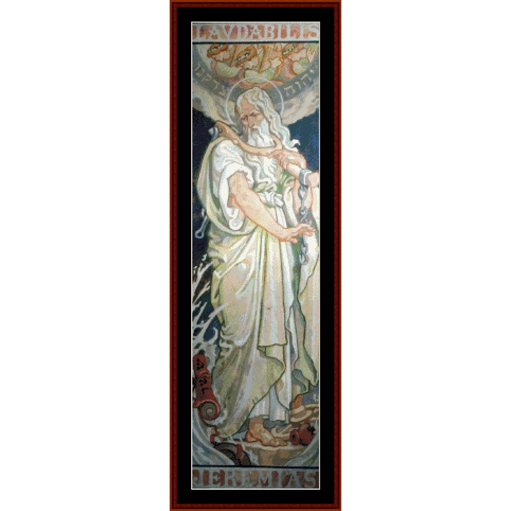 Counted Cross Stitch Pattern by Cross Stitch Collectibles - panel with a figure of Jeremiah, framed in brown.