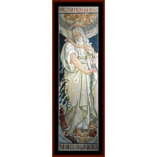 Counted Cross Stitch Pattern by Cross Stitch Collectibles - panel with a figure of Jeremiah, framed in brown.