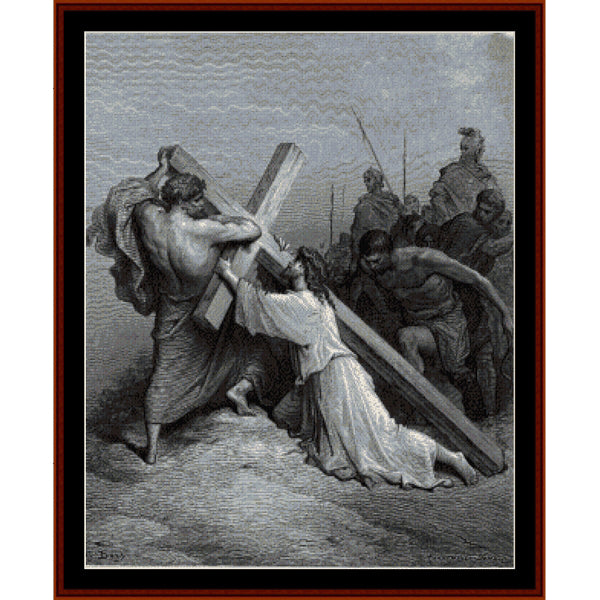 Black and white Counted Cross Stitch Pattern by Cross Stitch Collectibles of Jesus carrying a cross with other figures in the background.