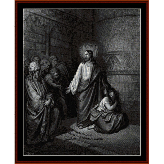 Black and white Counted Cross Stitch Pattern by Cross Stitch Collectibles of a religious scene with Jesus and figures in a room.