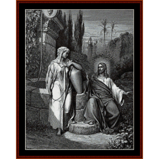 Black and white Counted Cross Stitch Pattern by Cross Stitch Collectibles of a woman and Jesus by a well, framed with a brown border.