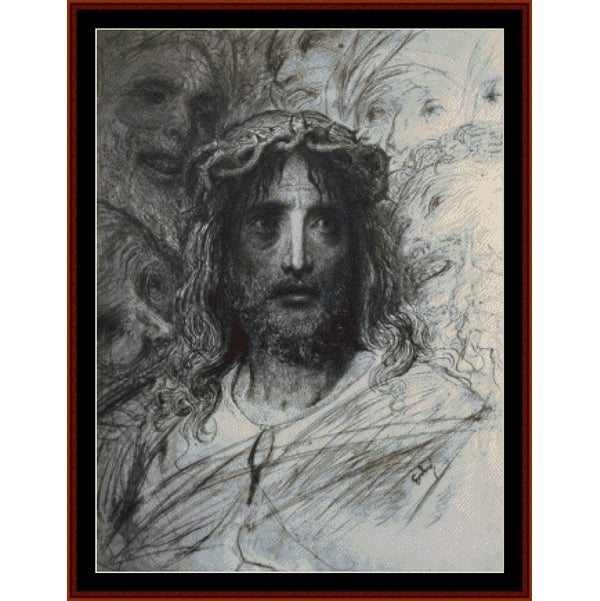 Counted Cross Stitch Pattern by Cross Stitch Collectibles of a figure with a crown of thorns against a background of faces.