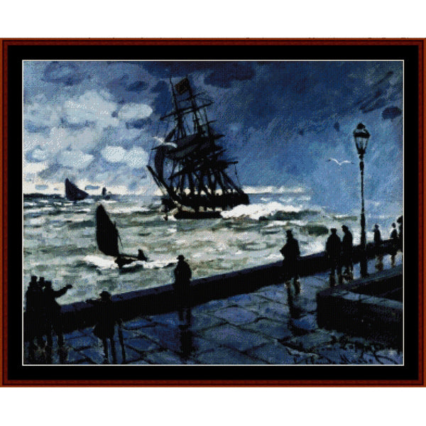 Counted Cross Stitch Pattern by Cross Stitch Collectibles of a ship at sea with people on a dock under a dark sky.