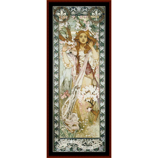 Counted Cross Stitch Pattern by Cross Stitch Collectibles - Decorative panel with a stylized woman holding a lyre, surrounded by floral elements, in a decorative frame.