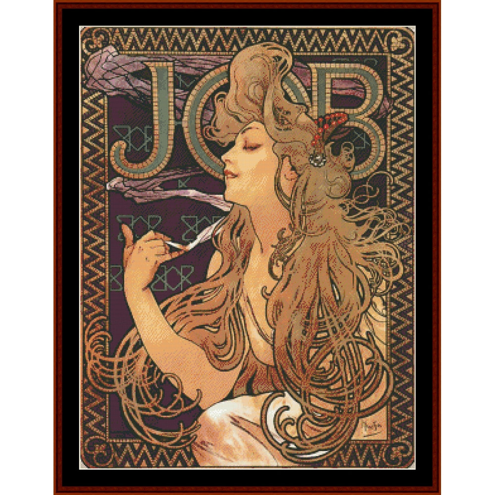 Art Nouveau-style Counted Cross Stitch Pattern by Cross Stitch Collectibles with a woman smoking a cigarette, framed with decorative border.