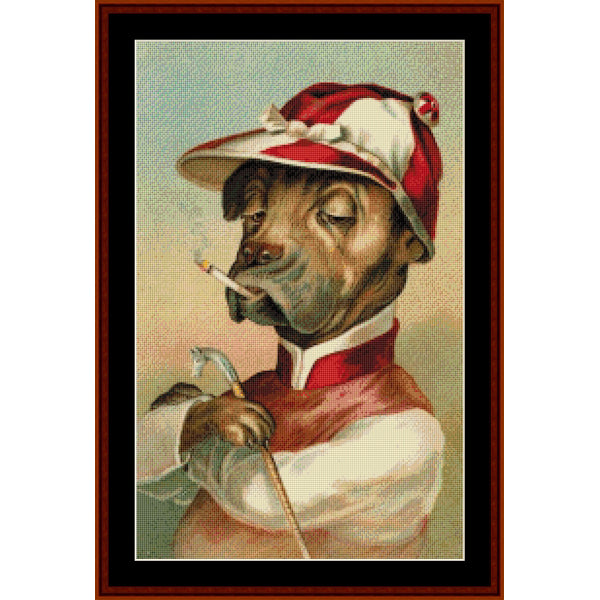 Vintage-style Counted Cross Stitch Pattern by Cross Stitch Collectibles of a dog in jockey attire with a cigarette, framed.
