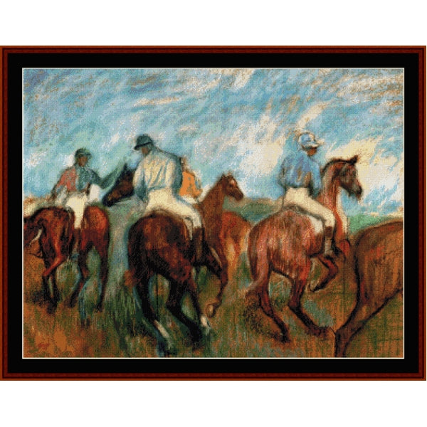 Counted Cross Stitch Pattern by Cross Stitch Collectibles of horse riders on a grassy field with a blue sky.