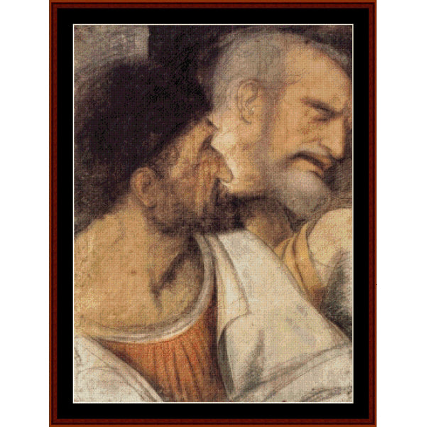 Counted Cross Stitch Pattern by Cross Stitch Collectibles of a classical painting featuring Judas and Peter with a brown frame.