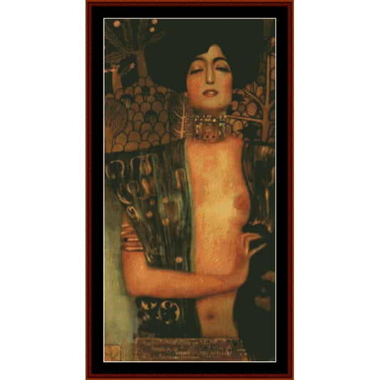 Counted Cross Stitch Pattern by Cross Stitch Collectibles of a nude figure with decorative elements, framed in brown.