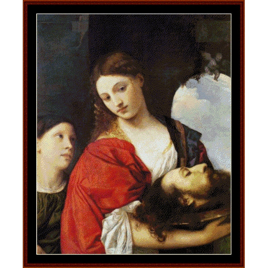 Counted Cross Stitch Pattern by Cross Stitch Collectibles of a woman holding a head, with a dark background