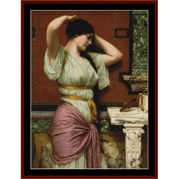 Counted Cross Stitch Pattern by Cross Stitch Collectibles of a woman adjusting her hair in an ornate room.