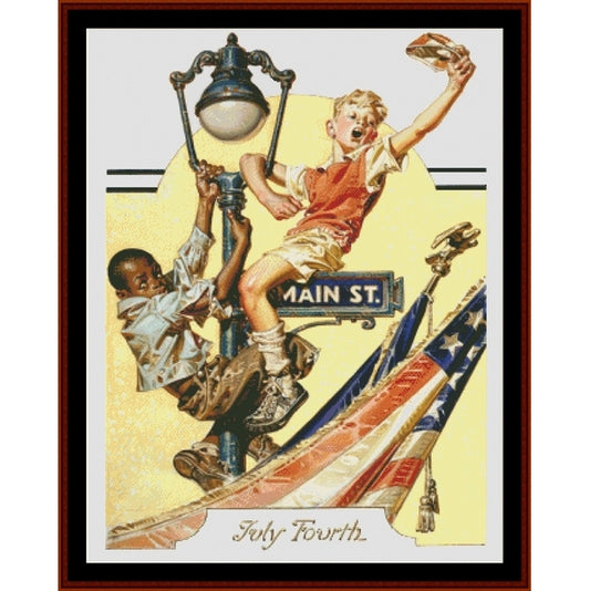 Vintage-style Counted Cross Stitch Pattern by Cross Stitch Collectibles of two children playing on a flagpole with an American flag, labeled 'Main St. July Fourth'.